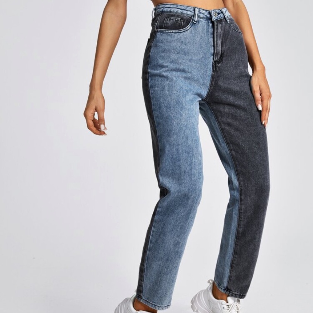high waist two tone straight leg jeans
